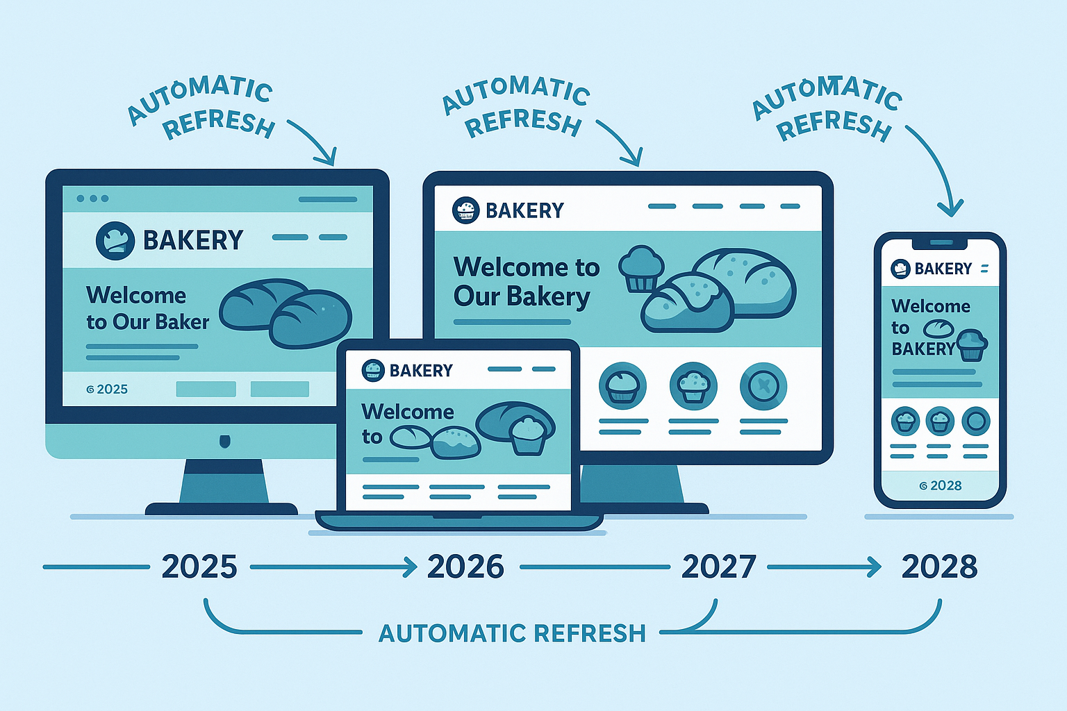 Website evolution timeline showing automatic refreshes over time