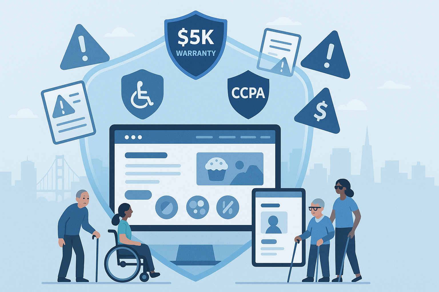 ADA and CCPA compliance shield protecting a website with security features