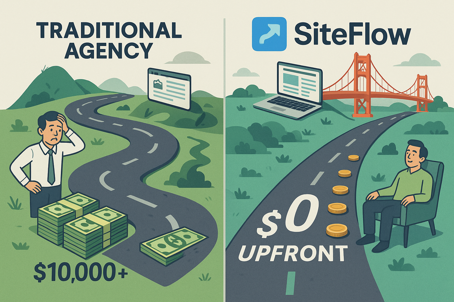 Cost comparison between traditional agency pricing with large upfront costs and SiteFlow's zero down subscription model